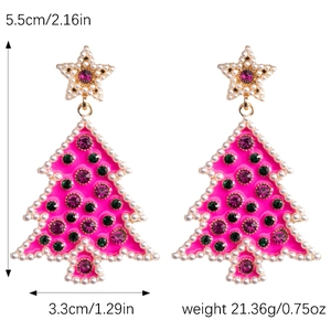 Christmas tree earrings detail with pink enamel, rhinestones and 5.5cm size measurement