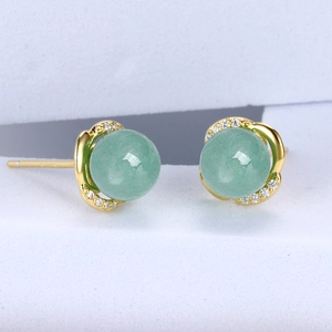 Elegant S925 silver stud earrings with green aventurine stone and diamond accents