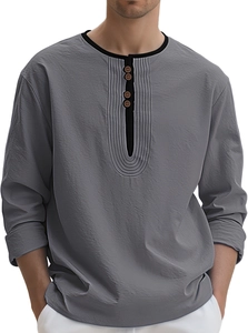 Detail of grey cotton linen shirt featuring contrast round neck and pleated button placket