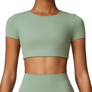 Kurzärmliges salbeigrünes Yoga-Crop-Top und High-Waist-Leggings Fitness-Set für Damen
