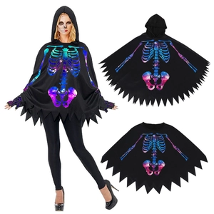 Halloween Cloak Milk Fiber Starry Galaxy Skeleton Neon Graphic Print Hooded Serrated Hem Party Cosplay Costume Adults