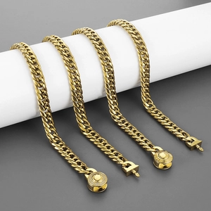 Polished 9mm gold stainless steel cuban curb chain necklace with crystal encrusted clasps