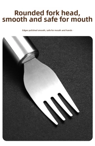Detailed macro view of polished stainless steel fruit fork with smooth rounded tines