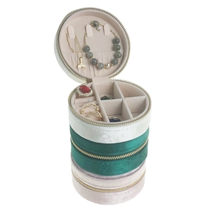 Detail view showing internal compartments and velvet texture of the round jewelry box