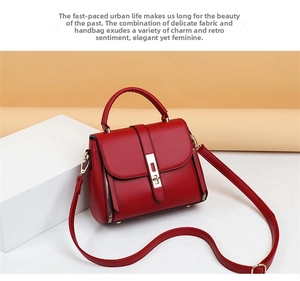Close-up of red leather handbag with gold buckle and adjustable crossbody strap