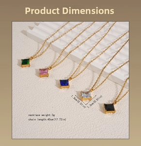 Detail showing square zircon necklaces in five colors with dimensions 1.3cm and 45cm length