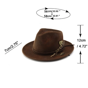 Vintage brown wide brim fedora hat with steampunk gear feather decor for men and women