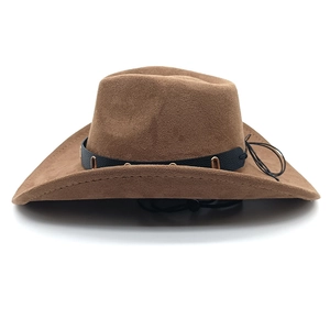 Brown faux suede western cowboy hat featuring black leather band and gold buckle detail