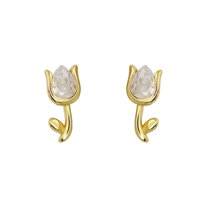 Elegant 925 sterling silver tulip stud earrings with gold plating and pear-cut crystal