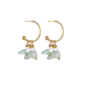 French style gold C-shape hoop earrings with light green natural stones and beads