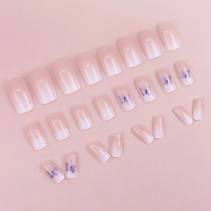 Pink and white gradient press-on nails with purple butterfly patterns and 24 pieces set