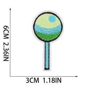 Detailed size specifications for lollipop embroidery patch in blue green gradient