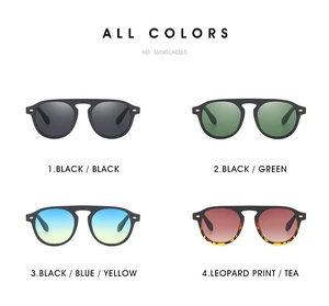 Collage of four trendy retro sunglasses showing black, green, gradient and leopard frames
