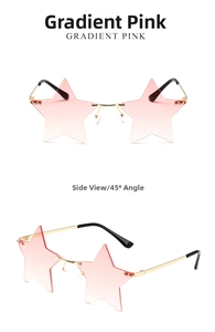 Detail view showing gradient pink star-shaped lenses and golden metal frames of sunglasses