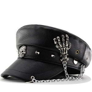 Punk Gothic PU Leather Military Hat With Rivets Skulls And Spider Decorations Rock Streetwear Sailor Cap For Women