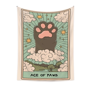 Detail of Ace of Paws tarot style cat tapestry with feline paw reaching from clouds