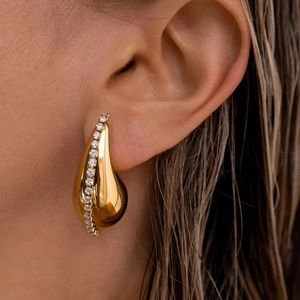 18K gold plated stainless steel teardrop earrings with white zircon accents for women