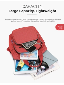 Detailed capacity view of a red quilted nylon backpack with multiple zipper pockets