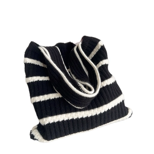 Fashionable black and white striped knit tote bag with large capacity shoulder strap