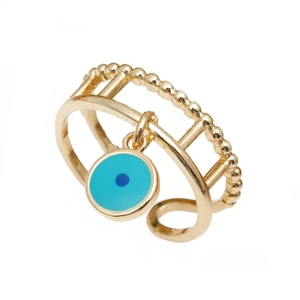 Gold double-layer open ring with blue evil eye pendant and micro-set cubic zirconia