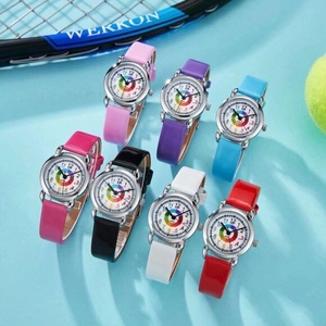 Kids silent quartz watch with colorful rainbow dial and durable multi-color PU leather strap