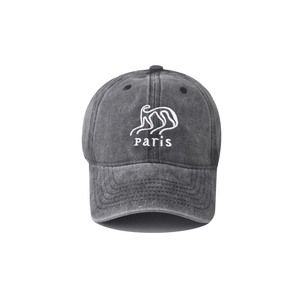 Close-up of white Paris embroidery and abstract logo on washed dark grey baseball cap