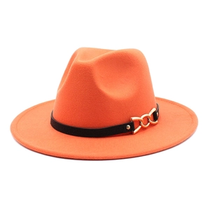 Detail of orange wide brim wool felt hat with black leather strap and gold chain link