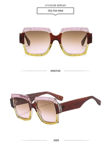 Front and side view of square gradient pink and tea oversized sunglasses with glitter