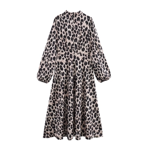 French vintage leopard print long sleeve maxi dress with belted waist and stand collar