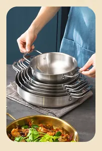Detail view of thickened gold stainless steel pot with double handles and brushed texture