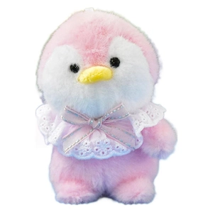 Cute pink and white penguin plush toy keychain pendant with elegant lace collar and bow