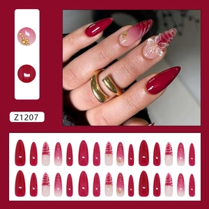 3D rose flower and gold bead press-on nails with wine red gradient stiletto design
