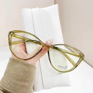 Olive green cat-eye anti-blue light glasses with durable metal hinges and TR frames