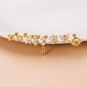 Golden stainless steel screw back earrings set with zirconia butterfly and star designs