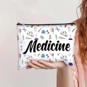 Detailed shot of a medical print canvas pouch featuring cartoons and Medicine text