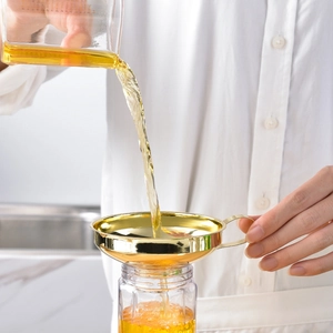 Golden stainless steel wide mouth funnel with handle for filling kitchen jam jars