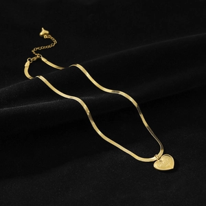 Gold titanium steel snake chain necklace with heart pendant engraved Love you more