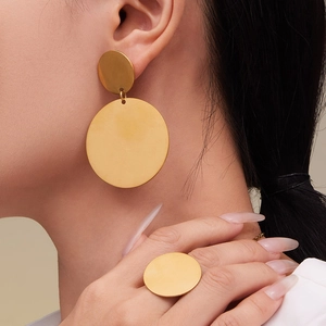 Chic 18k gold plated stainless steel jewelry set with round hoop earrings and ring