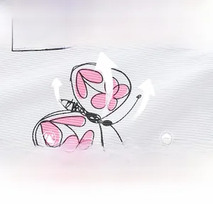 Macro shot of breathable white ribbed cotton fabric with pink butterfly prints