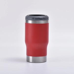 Detail of red stainless steel cooler can with gray ring top and steel base on white background