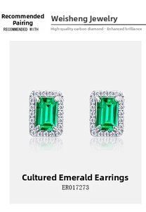 Close-up of S925 silver emerald-cut lab emerald earrings with sparkling halo detail