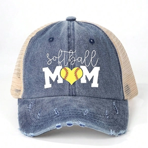 Vintage washed denim ponytail trucker hat with Softball Mom print and mesh back
