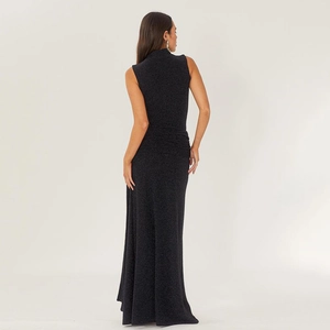 Detail of black shimmer sleeveless dress with ruching and elegant back view