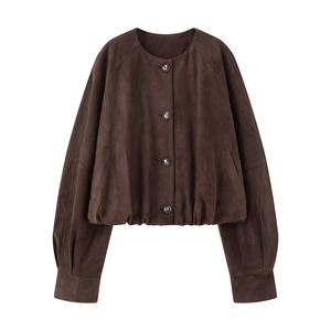 Dark brown suede jacket for women with crew neck and metallic buttons on white background