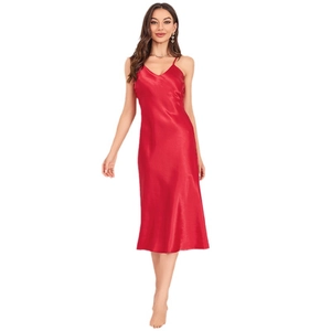 Elegant red silk satin V-neck midi slip dress with thin straps and a glossy finish
