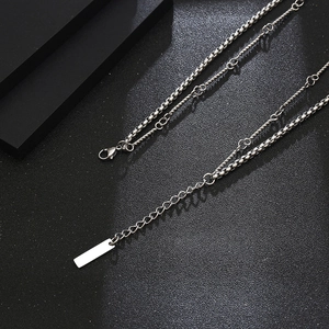 Retro double-layer silver stainless steel necklace with rectangular pendant for unisex