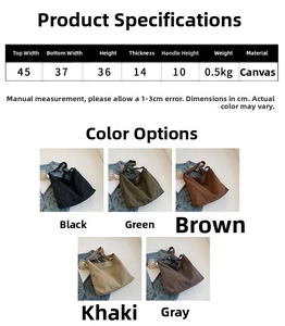 Detailed dimension chart and canvas tote bag options in black, green, brown, khaki, and gray