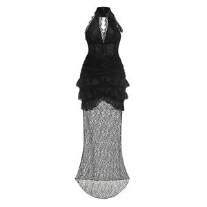 Detailed view of gothic lace halter neck dress with rose accent and layered ruffles