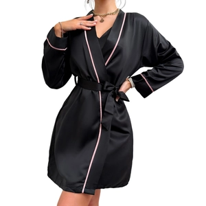 Women's black ice silk satin bathrobe with pink piping and belted waist tie design