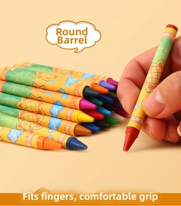 Close-up of children holding colorful round crayons with creative cartoon patterns